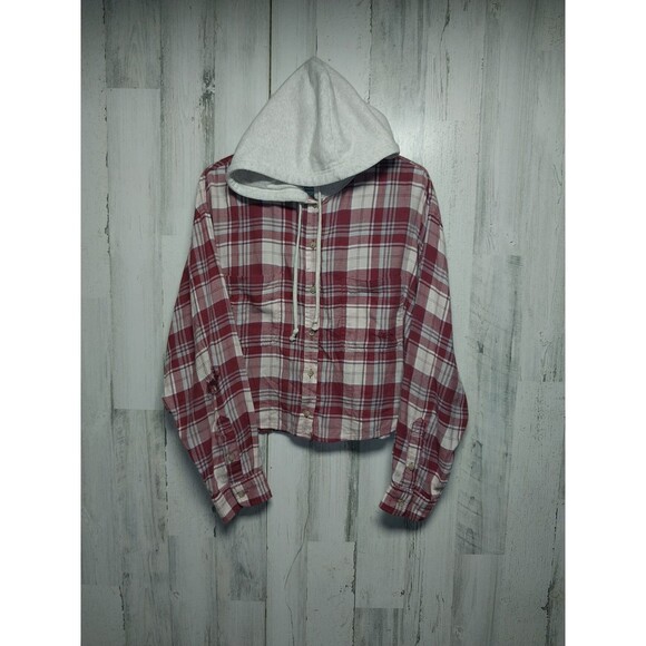 American Eagle Women Top XL Red Plaid Flannel Hooded Distressed Cropped - Picture 1 of 7